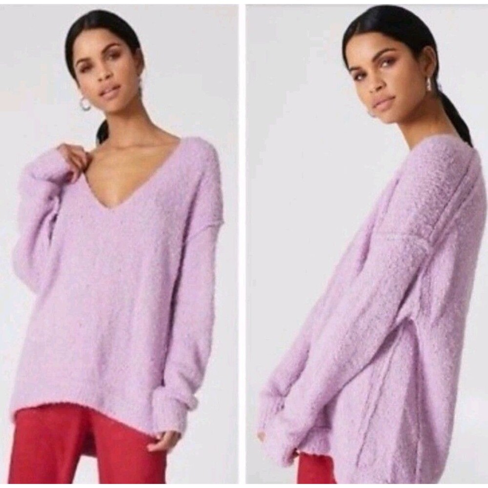 Free People Womens Lavender Alpaca Blend V-Neck Oversized Boucle Sweater Sz M
